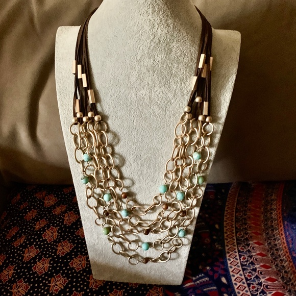 Gorgeous Boho Charming Charlie Suede & Turquoise Bead Statement Necklace - Picture 6 of 12